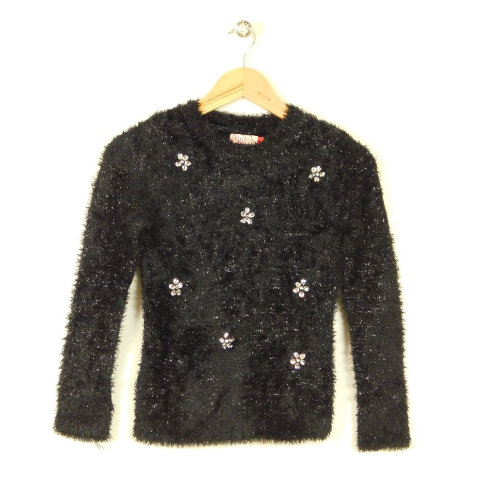 Girls Black Pullover Fuzzy Sweater Eyelash Long Sleeve Size 10 NWT